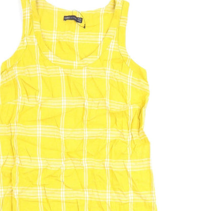 Marks & Spencer Womens Yellow Check Flax A-Line Size 10 Round Neck Pullover