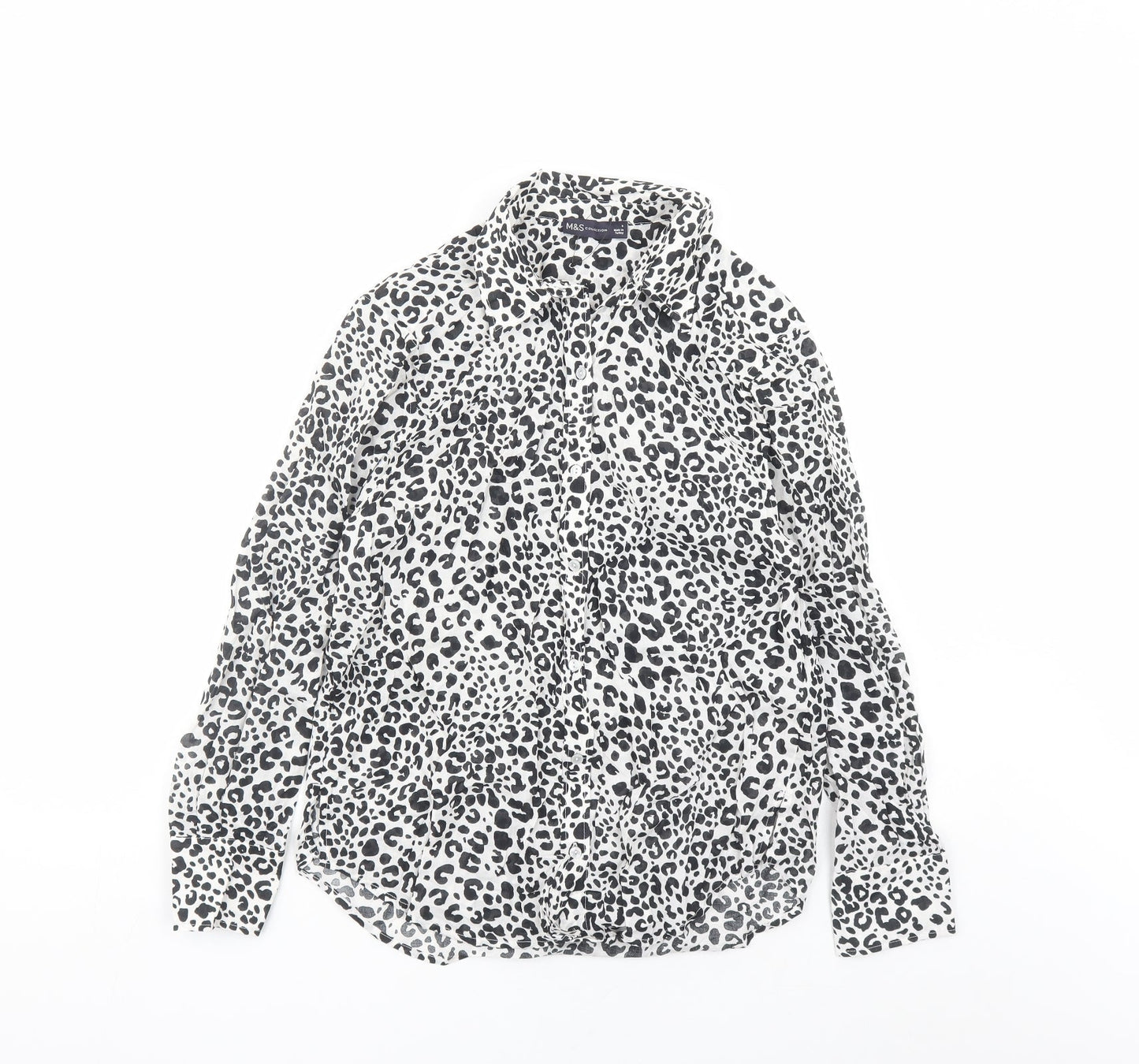 Marks and Spencer Womens Black Animal Print Cotton Basic Button-Up Size 8 Collared - Leopard Pattern
