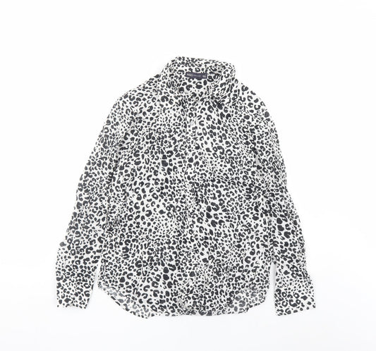 Marks and Spencer Womens Black Animal Print Cotton Basic Button-Up Size 8 Collared - Leopard Pattern