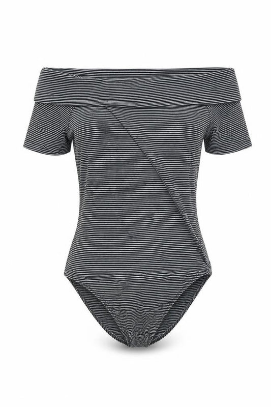 Front view of Miss Selfridge women’s black striped cotton bodysuit one-piece, size UK 8, snap