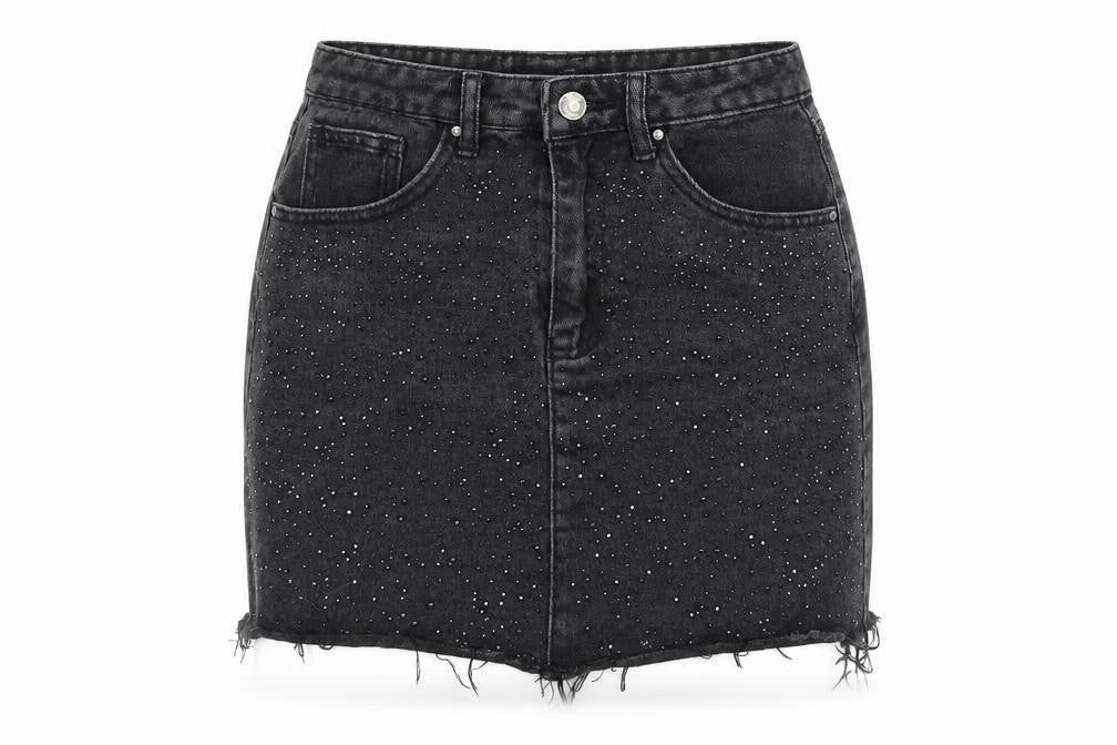 Denim & Co. Womens Black Cotton A-Line Skirt Size 8 Zip - Embellished, Raw Hem