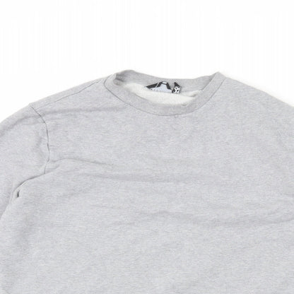 Close-up detail of ASOS women’s grey cotton pullover sweatshirt, size M, pullover