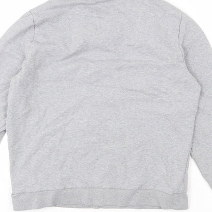Brand and care label for ASOS women’s grey cotton pullover sweatshirt, size M, pullover