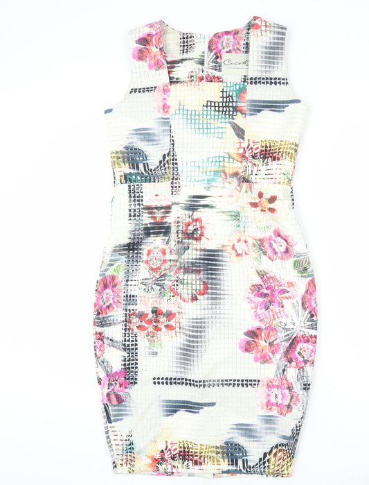 Cemel Womens Multicoloured Geometric Polyester Pencil Dress Size 12 Round Neck Zip