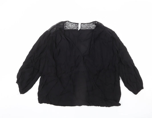 Mango Womens Black Viscose Basic Blouse Size L V-Neck - Lace Detail