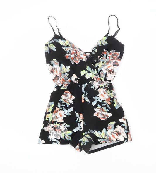 Boohoo Womens Black Floral Polyester Romper One-Piece Size 10 L3 in Pullover