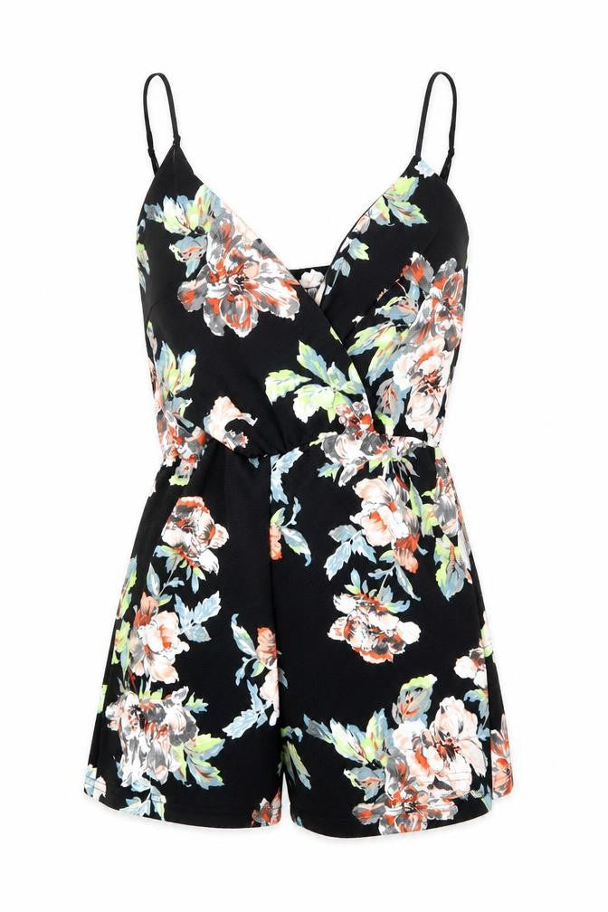 Boohoo Womens Black Floral Polyester Romper One-Piece Size 10 L3 in Pullover