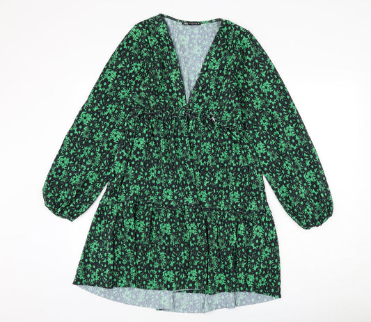 Zara Womens Green Floral Polyester A-Line Size M V-Neck Pullover