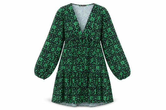 Zara Womens Green Floral Polyester A-Line Size M V-Neck Pullover