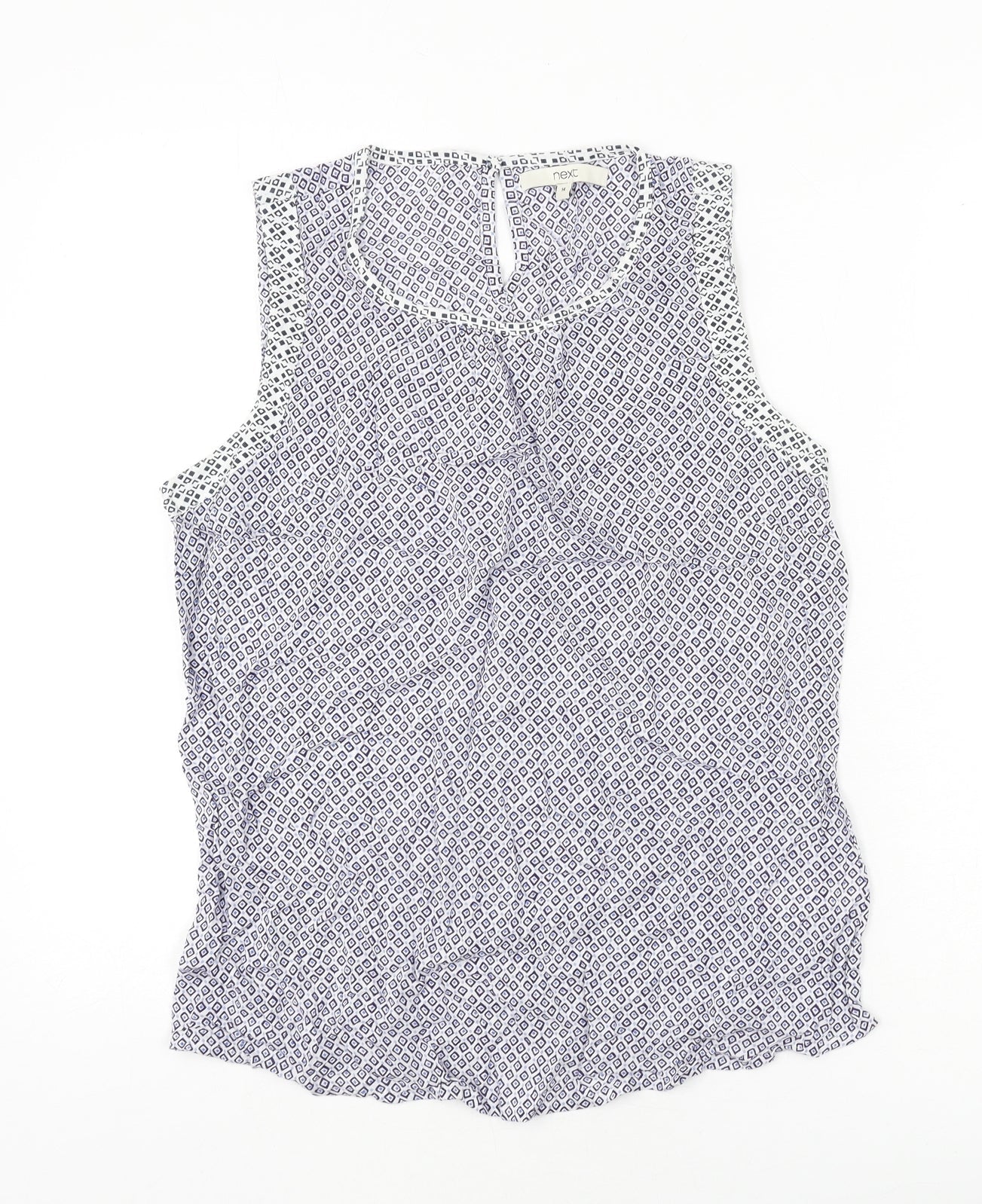 NEXT Womens Blue Geometric Viscose Basic T-Shirt Size 14 Round Neck