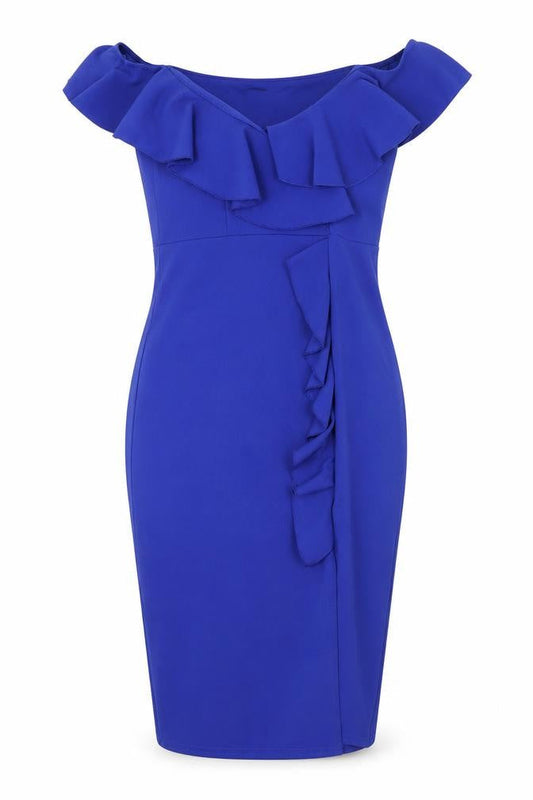 Girls On Film Womens Blue Polyester Bodycon Size 10 Off the Shoulder Pullover - Ruffle Detail, Slit