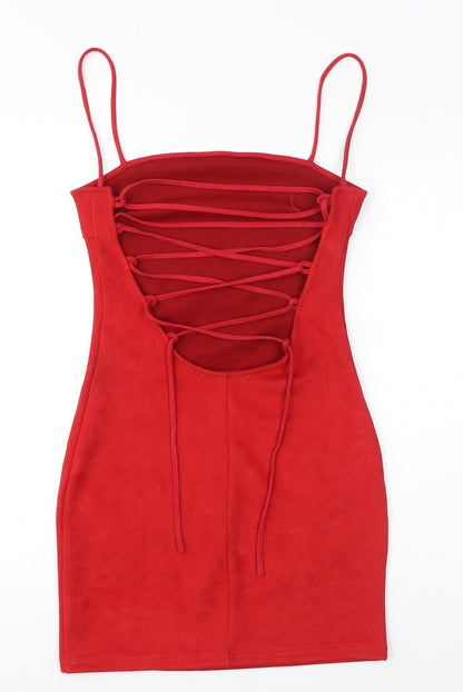 Back view of In the Style women’s red polyester bodycon, size UK 8, square neck pullover - open back