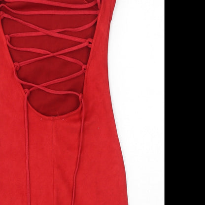 Brand and care label for In the Style women’s red polyester bodycon, size UK 8, square neck pullover - open back