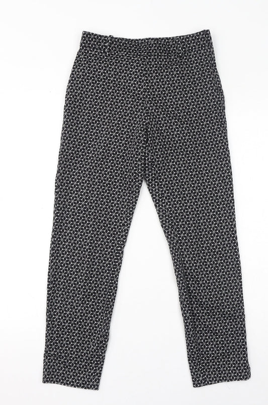 H&M Womens Black Geometric Cotton Trousers Size 6 L26 in Regular Zip