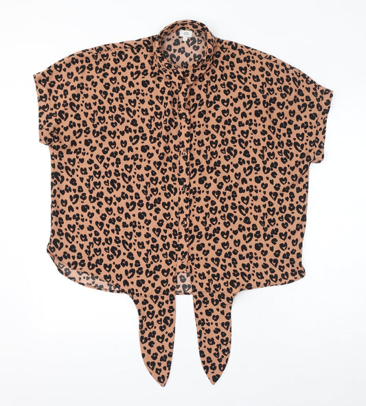 River Island Womens Brown Geometric Polyester Basic Button-Up Size 12 Collared