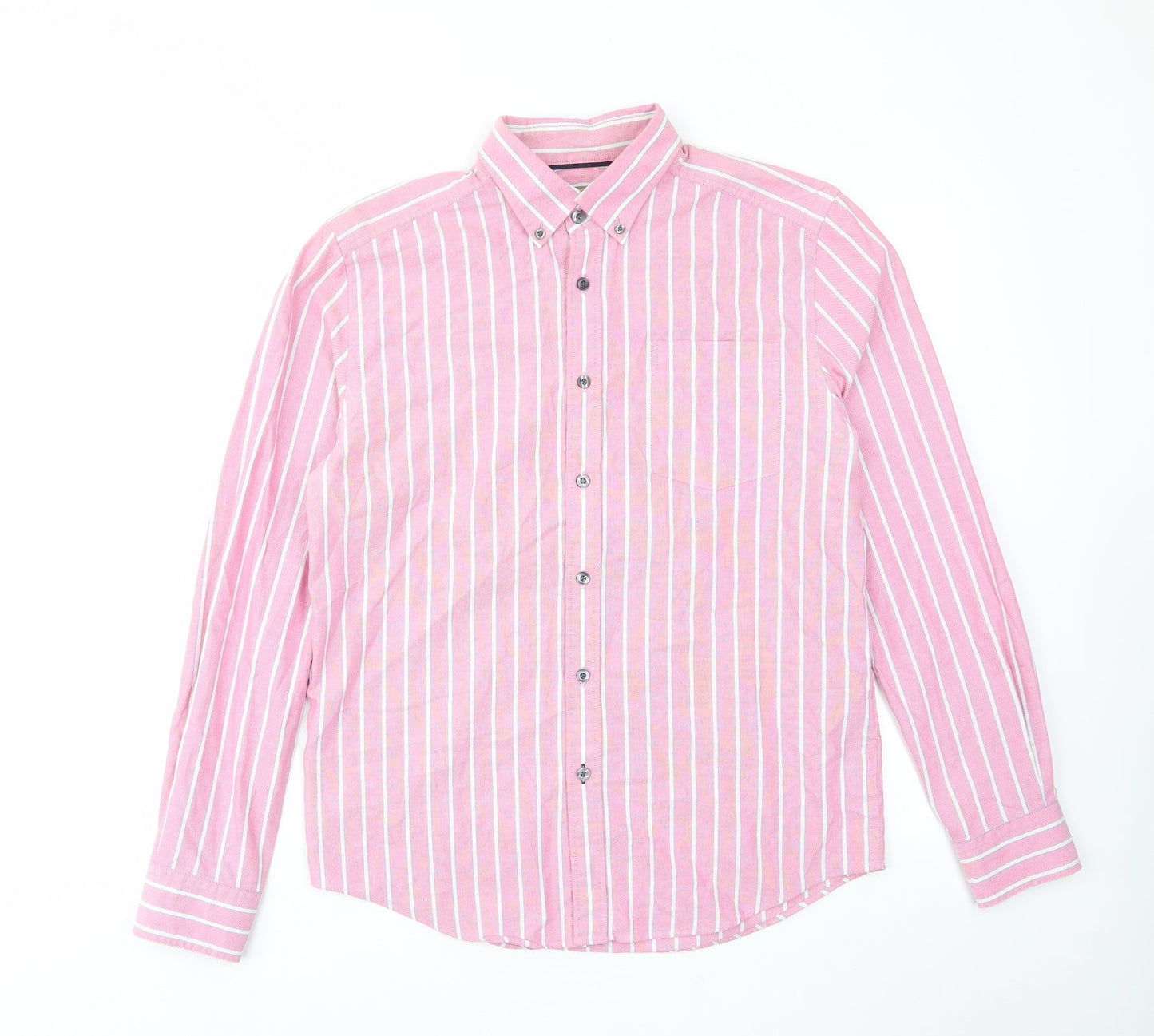 John Lewis Mens Pink Striped Cotton Button-Up Size S Collared Button - Pocket