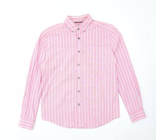 John Lewis Mens Pink Striped Cotton Button-Up Size S Collared Button - Pocket
