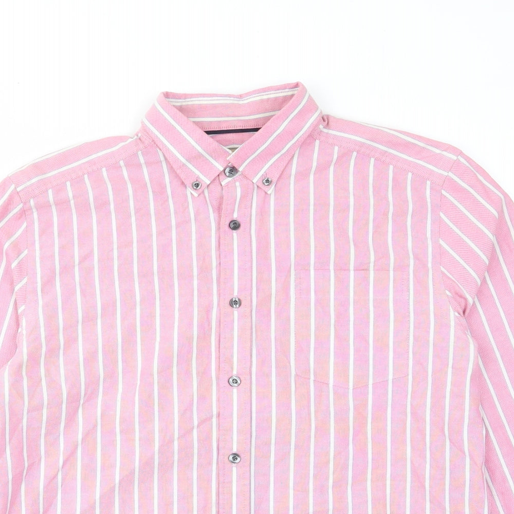 John Lewis Mens Pink Striped Cotton Button-Up Size S Collared Button - Pocket