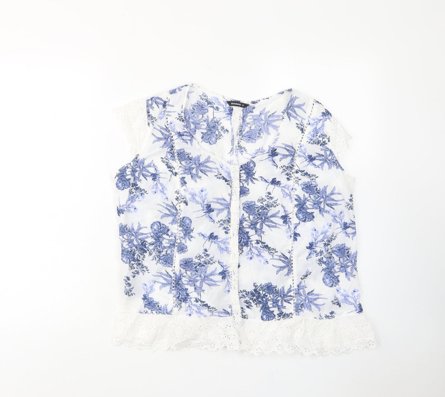 Roman Womens Blue Floral Cotton Basic Button-Up Size 12 Scoop Neck - Embroided