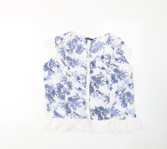 Roman Womens Blue Floral Cotton Basic Button-Up Size 12 Scoop Neck - Embroided