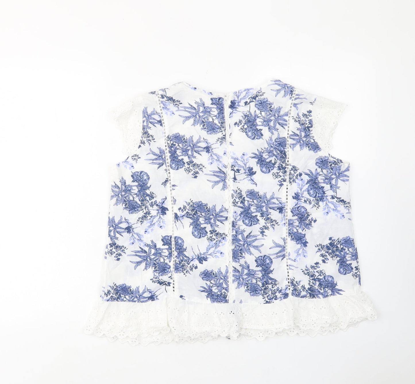 Roman Womens Blue Floral Cotton Basic Button-Up Size 12 Scoop Neck - Embroided