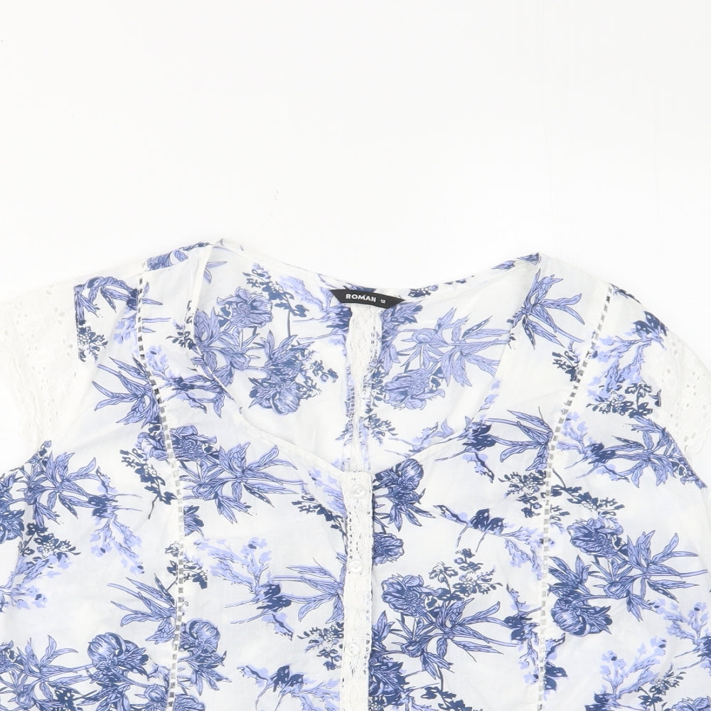 Roman Womens Blue Floral Cotton Basic Button-Up Size 12 Scoop Neck - Embroided