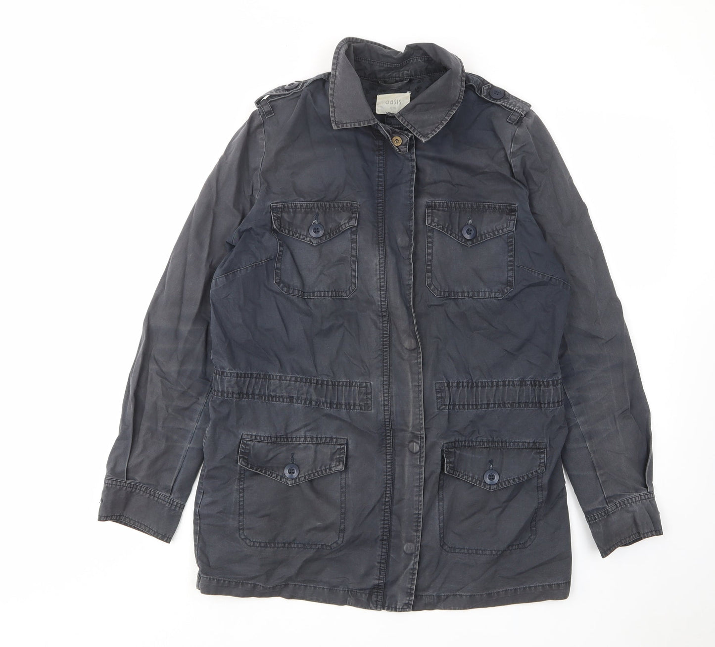 Oasis Womens Blue Military Jacket Jacket Size 12 Zip - Buttons, Collared, Tie
