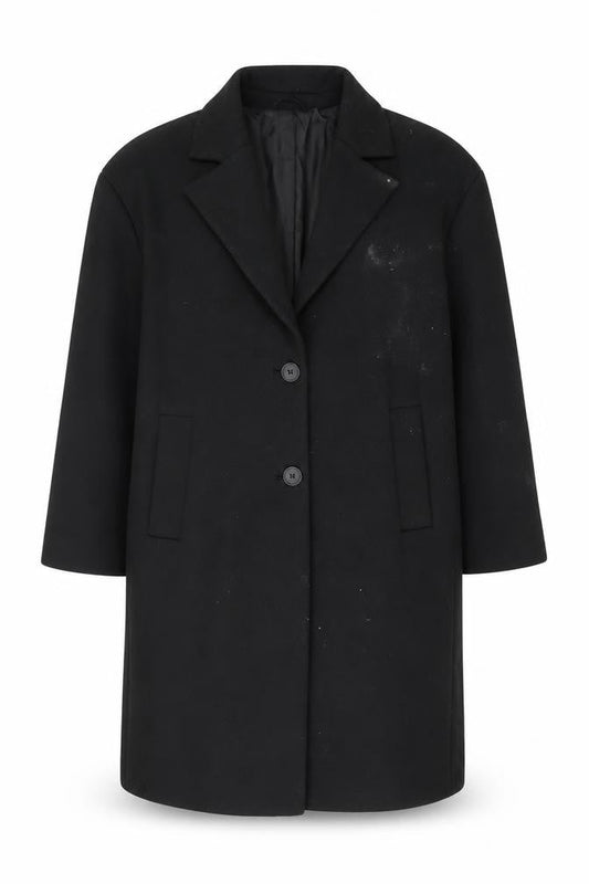 Front view of ASOS women’s black overcoat coat, size UK 18, button - pockets