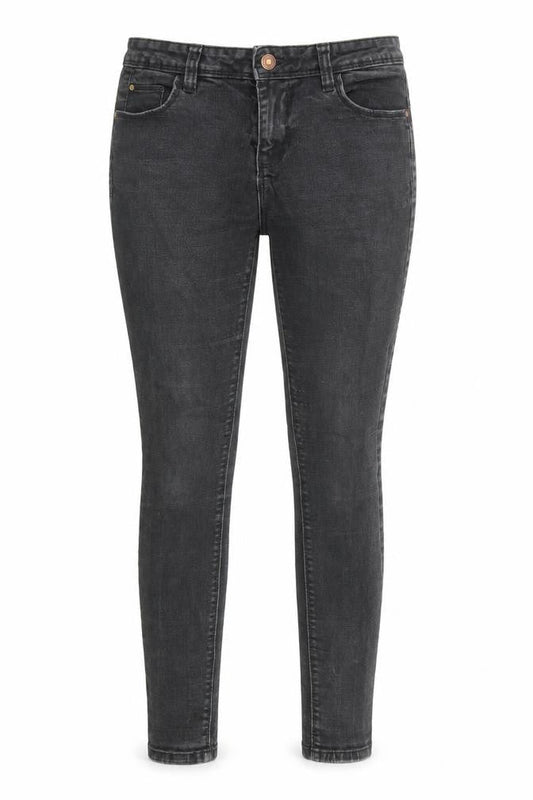 Front view of Denim & Co. women’s black cotton skinny jeans, size UK 12, 27-inch leg regular zip - pockets