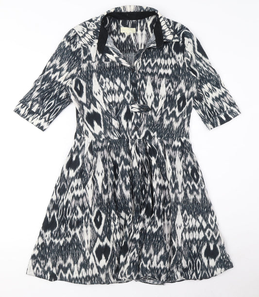 River Island Womens Blue Geometric Cotton A-Line Size 10 Collared Zip