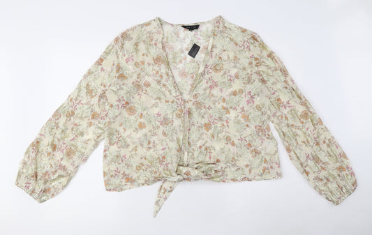 New Look Womens Beige Floral Viscose Cropped Blouse Size 12 V-Neck - Bow Detail, Sheer