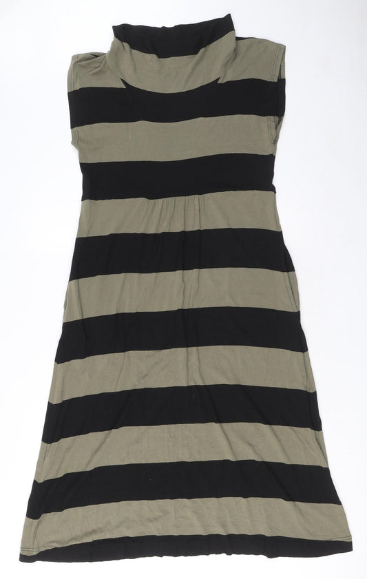 The Masai Womens Green Striped Viscose A-Line Size L Mock Neck Pullover - Pockets