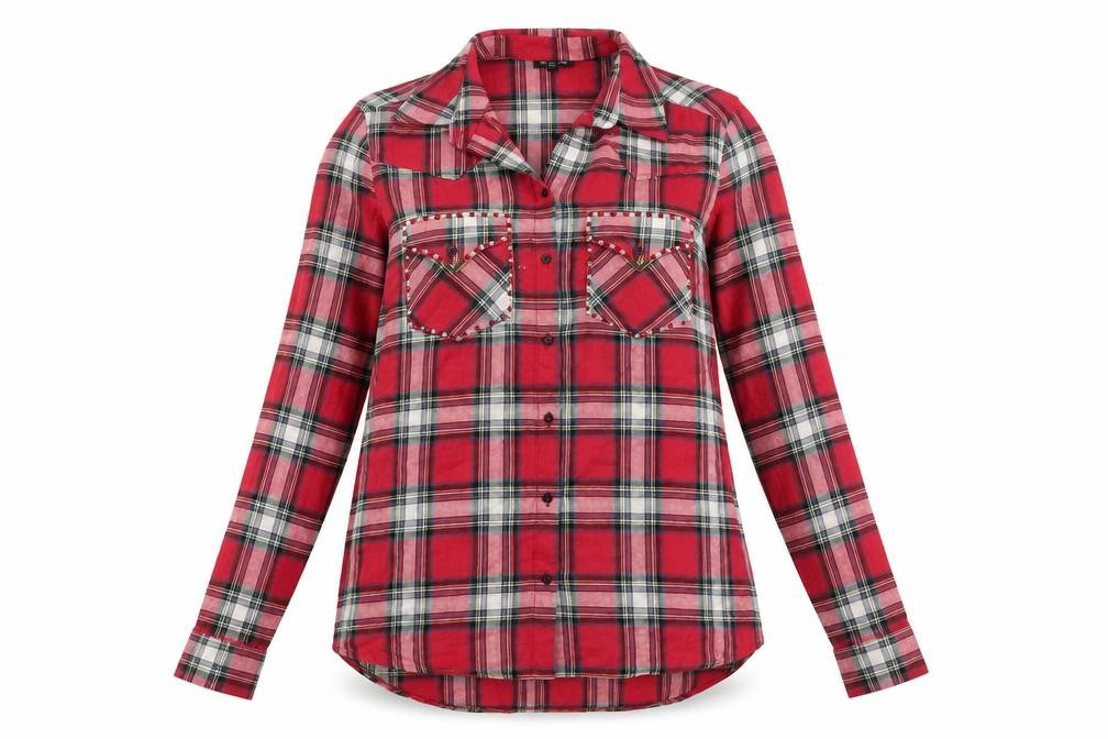 River Island Womens Red Plaid 100% Cotton Basic Button-Up Size 12 Collared - Embellished Pockets