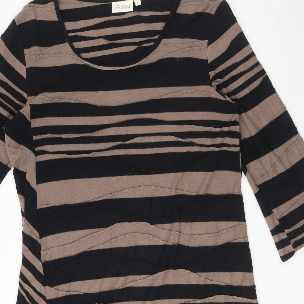 Adini Womens Brown Striped 100% Cotton A-Line Size L Round Neck Pullover