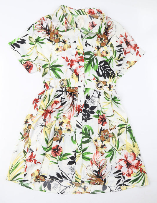 Elli White Womens Multicoloured Floral Polyester Shirt Dress Size S Collared Button - Ring Detail