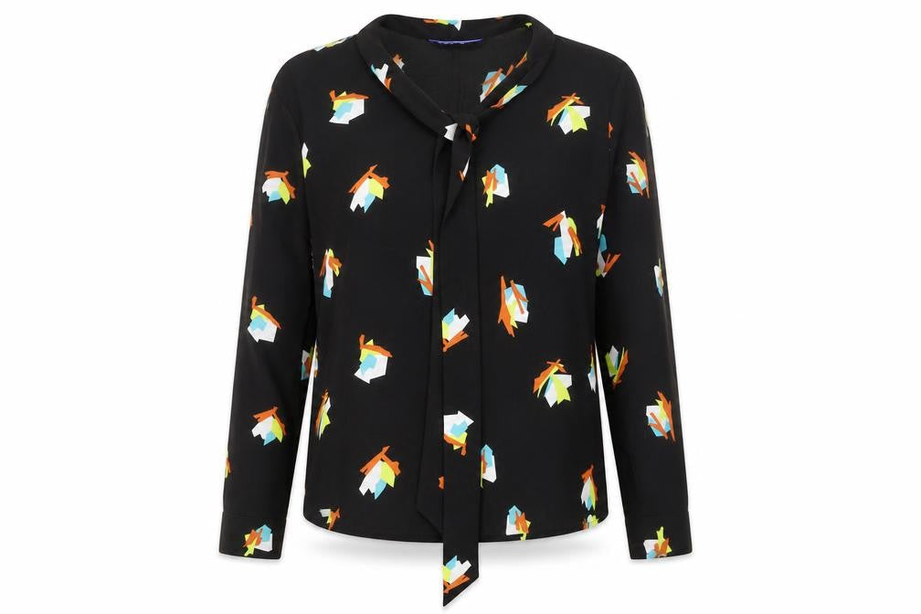 ynonyme Womens Black Geometric Polyester Basic Blouse Size S V-Neck - Tie Detail