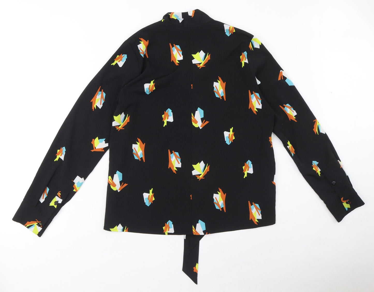 ynonyme Womens Black Geometric Polyester Basic Blouse Size S V-Neck - Tie Detail