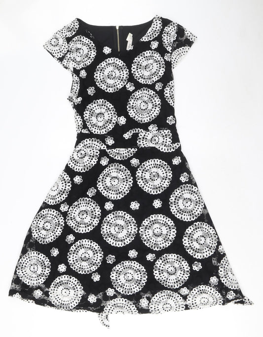Stella Morgan Womens Black Floral Nylon Fit & Flare Size 14 V-Neck Zip - Tie detail