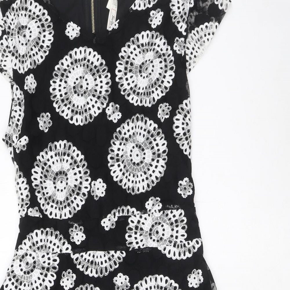 Stella Morgan Womens Black Floral Nylon Fit & Flare Size 14 V-Neck Zip - Tie detail