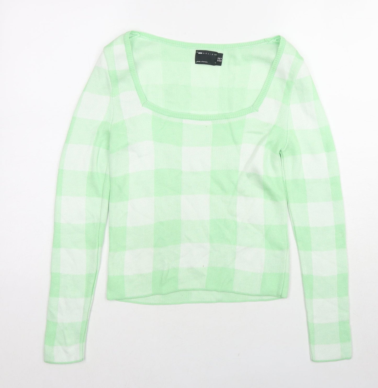 ASOS Womens Green Square Neck Check Acrylic Pullover Jumper Size 8