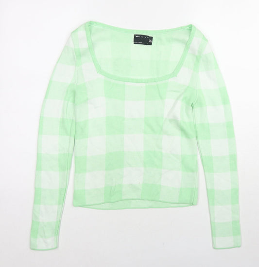 ASOS Womens Green Square Neck Check Acrylic Pullover Jumper Size 8