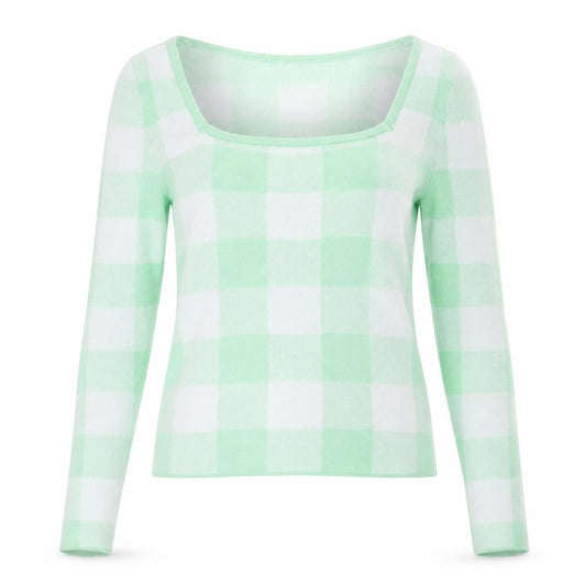 Front view of ASOS women’s green square neck check acrylic jumper, size UK 8