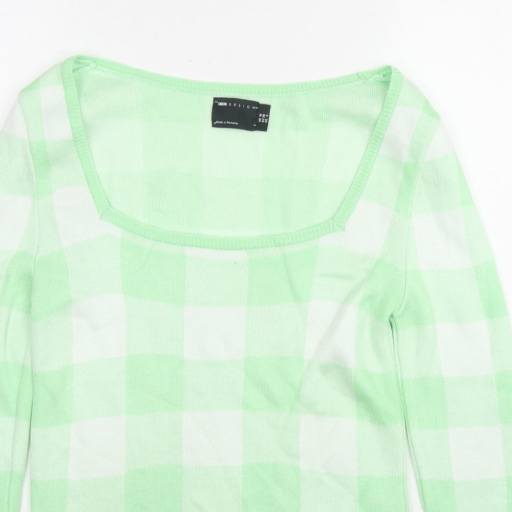 ASOS Womens Green Square Neck Check Acrylic Pullover Jumper Size 8
