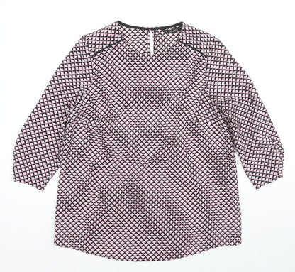 Additional front view of Dunnes women’s pink geometric polyester basic blouse, size S, round neck