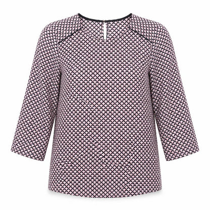 Front view of Dunnes women’s pink geometric polyester basic blouse, size S, round neck