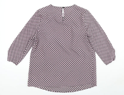 Back view of Dunnes women’s pink geometric polyester basic blouse, size S, round neck
