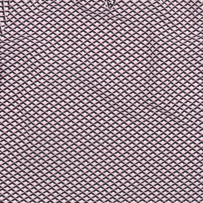Brand and care label for Dunnes women’s pink geometric polyester basic blouse, size S, round neck