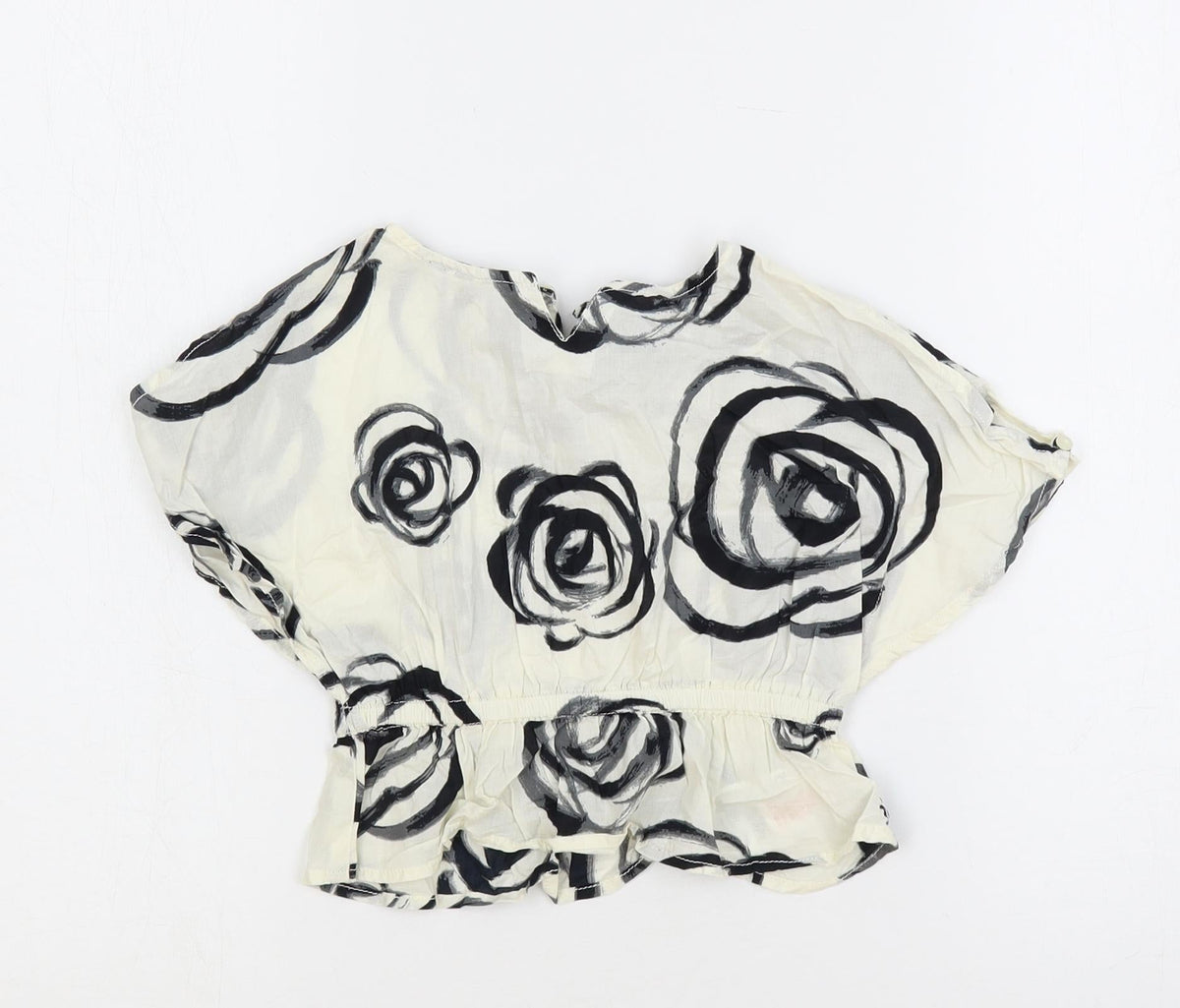 Additional front view of Gap girls’ ivory floral cotton pullover blouse, size 18-24, months round neck button