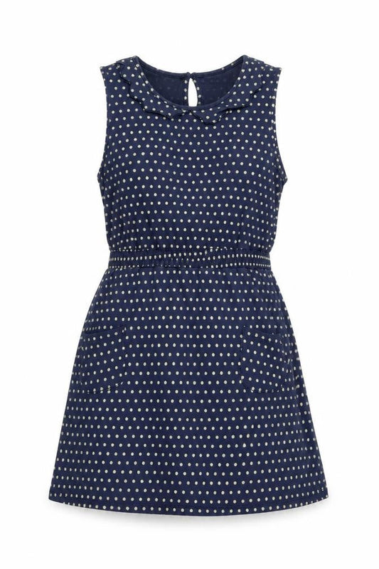 Front view of Red Herring women’s blue polka dot cotton a-line, size UK 12, boat neck button - ruffle