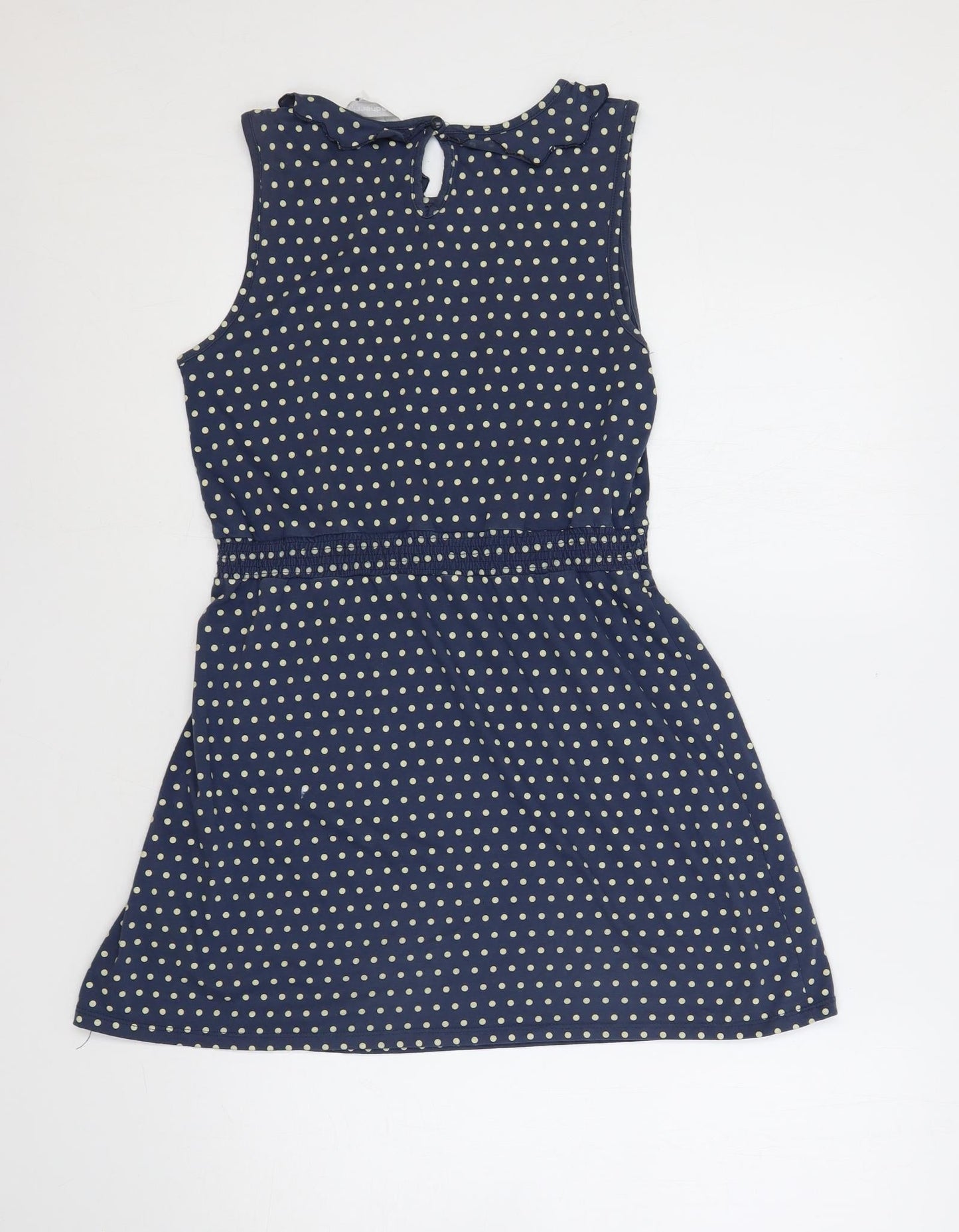 Red Herring Womens Blue Polka Dot Cotton A-Line Size 12 Boat Neck Button - Ruffle